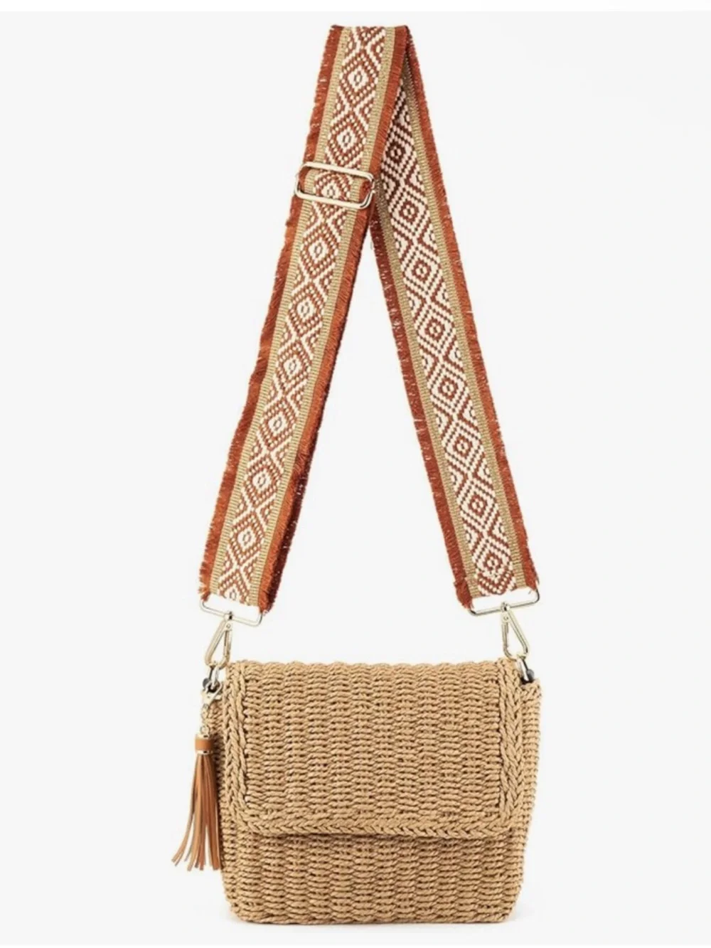Women's Straw Braided Crossbody Bag in Natural with Patterned Strap - Picture 2 of 7